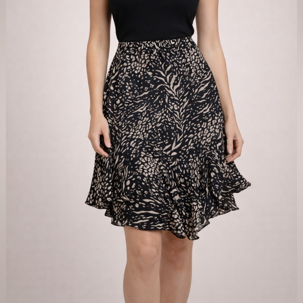 Dana Buchman 100% Silk Black Animal Print Ruffle Hem Skirt Size 12 Flowy Boho
